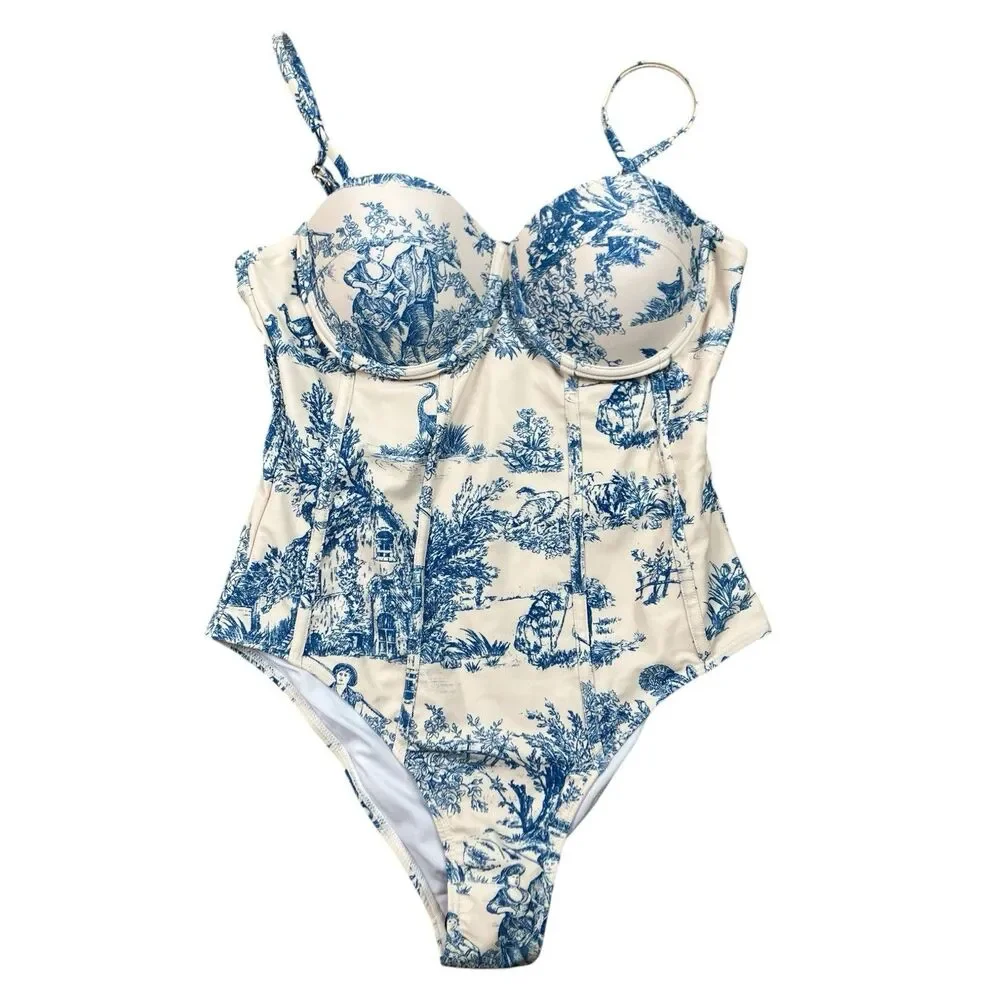 Toile de Jouy Corset One Piece Underwire Swimsuit Cider Womens M Blue Ivory